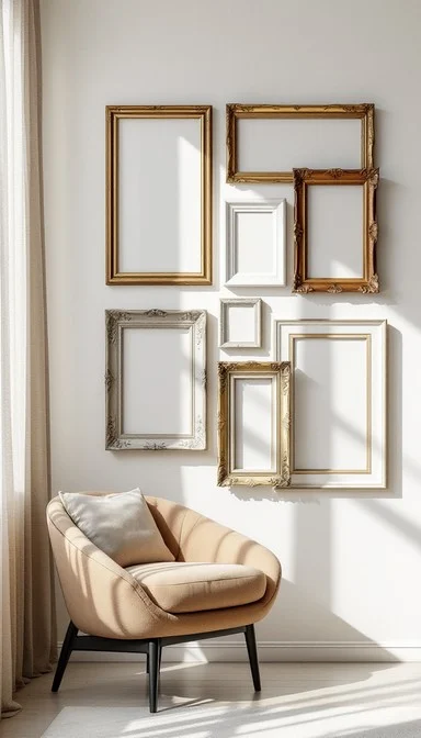 Empty picture frames on a wall representing the portfolio myth for freelancers